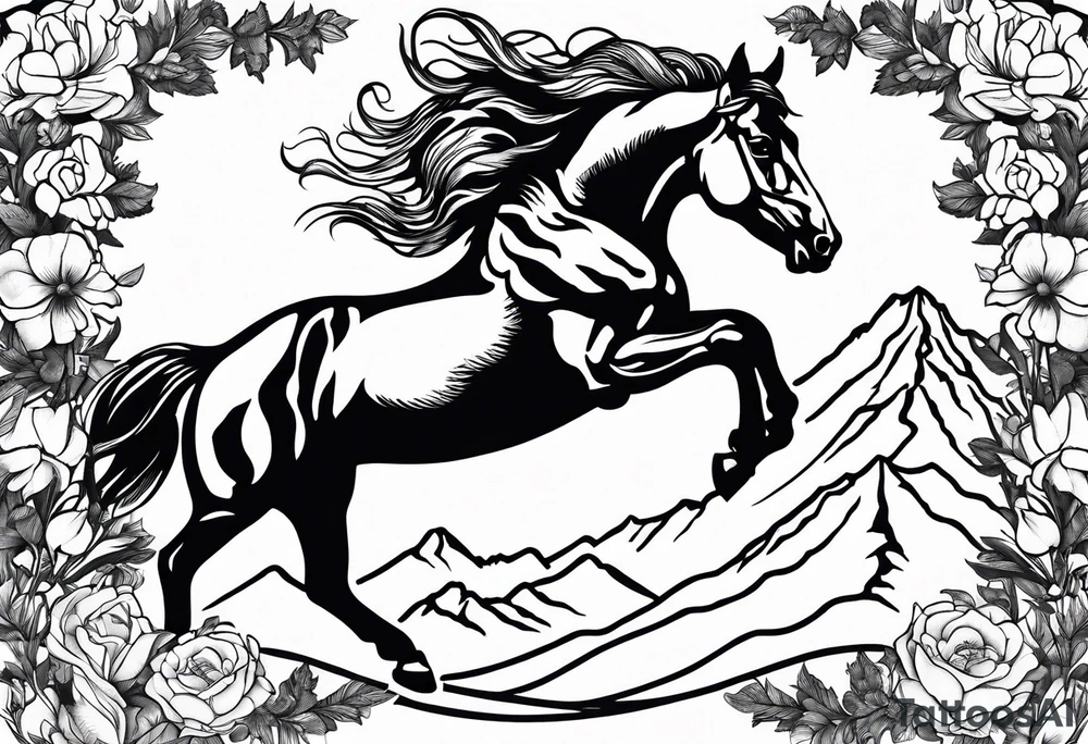 bucking horse, mountains background, flowers, western tattoo idea
