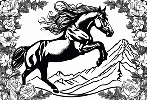 bucking horse, mountains background, flowers, western tattoo idea