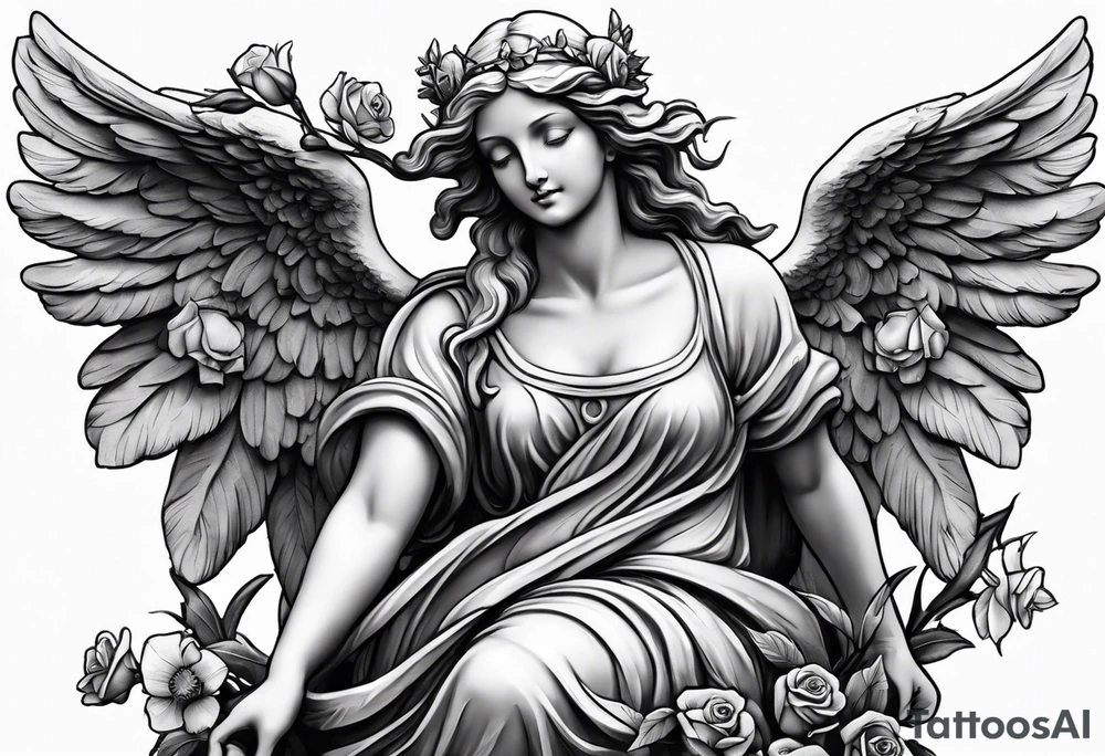 Angel statue stood on a rock with daffodils and roses wrapped around its legs tattoo idea