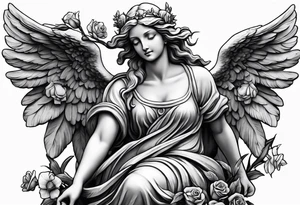 Angel statue stood on a rock with daffodils and roses wrapped around its legs tattoo idea