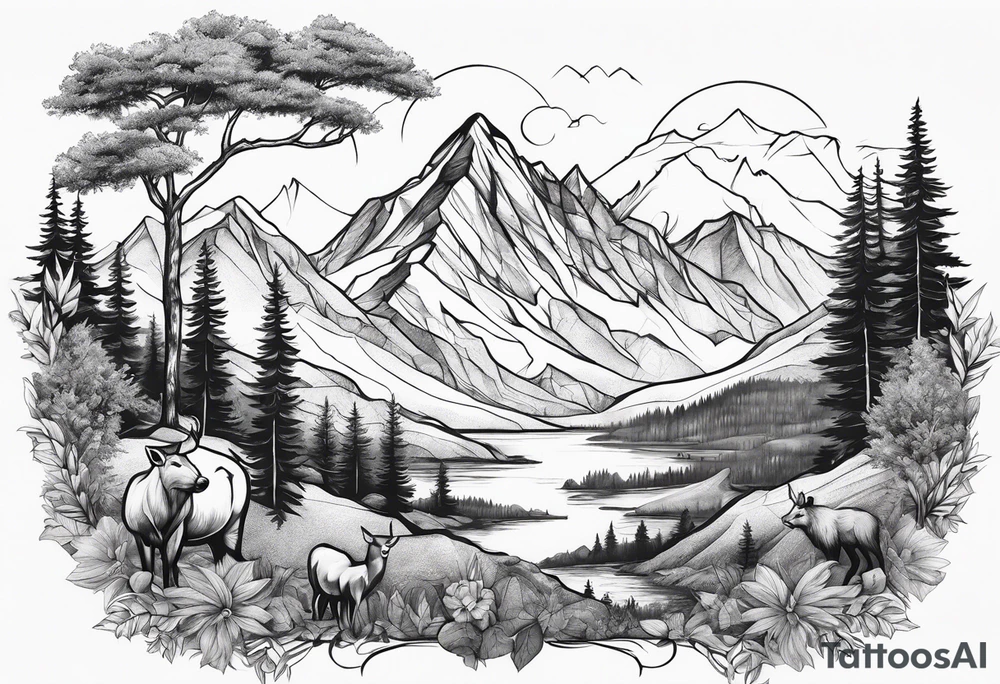 Mountains, animals, concept tattoo idea