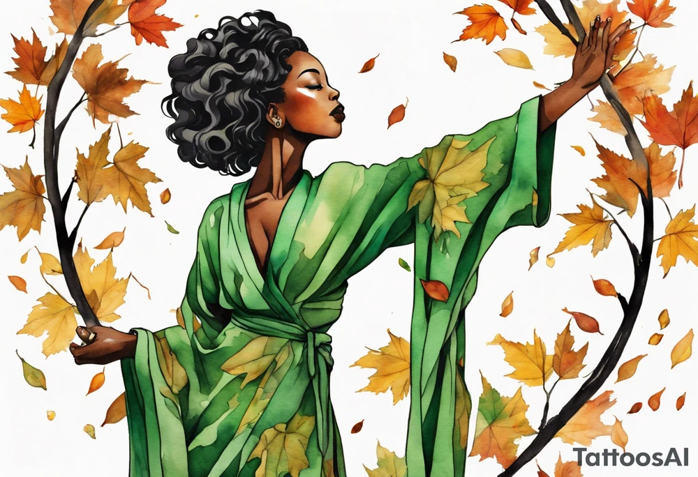 a beautiful black woman with the lower half of a tree with roots, wearing a green robe, arms reaching up towards the sun blazing in the sky, autumn leaves in her hair tattoo idea