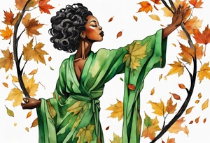 a beautiful black woman with the lower half of a tree with roots, wearing a green robe, arms reaching up towards the sun blazing in the sky, autumn leaves in her hair tattoo idea