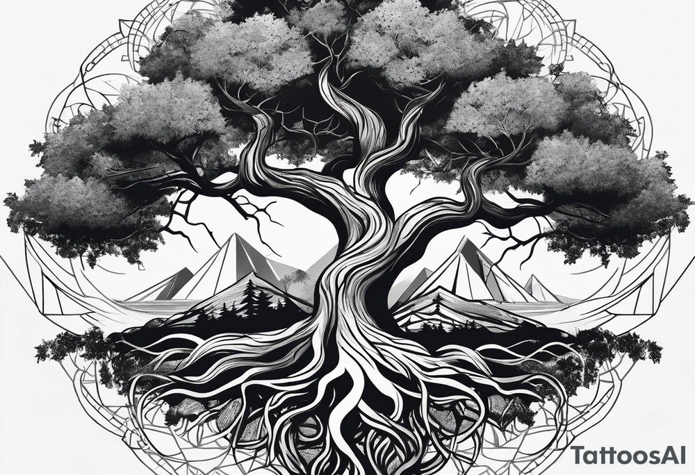 minimal Yggdrasil with roots 
3 line triangles behind tattoo idea