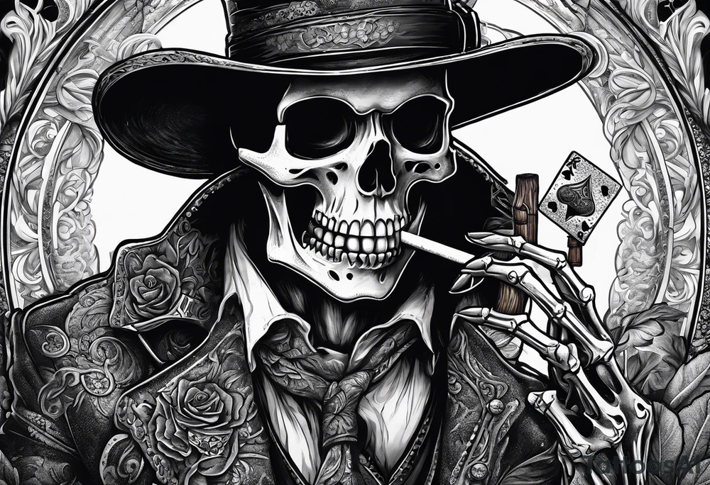 Phrase: "Don't deal with the devil"
skeleton smoking cigar with poker chips, dealing the cards tattoo idea