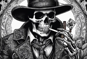 Phrase: "Don't deal with the devil"
skeleton smoking cigar with poker chips, dealing the cards tattoo idea