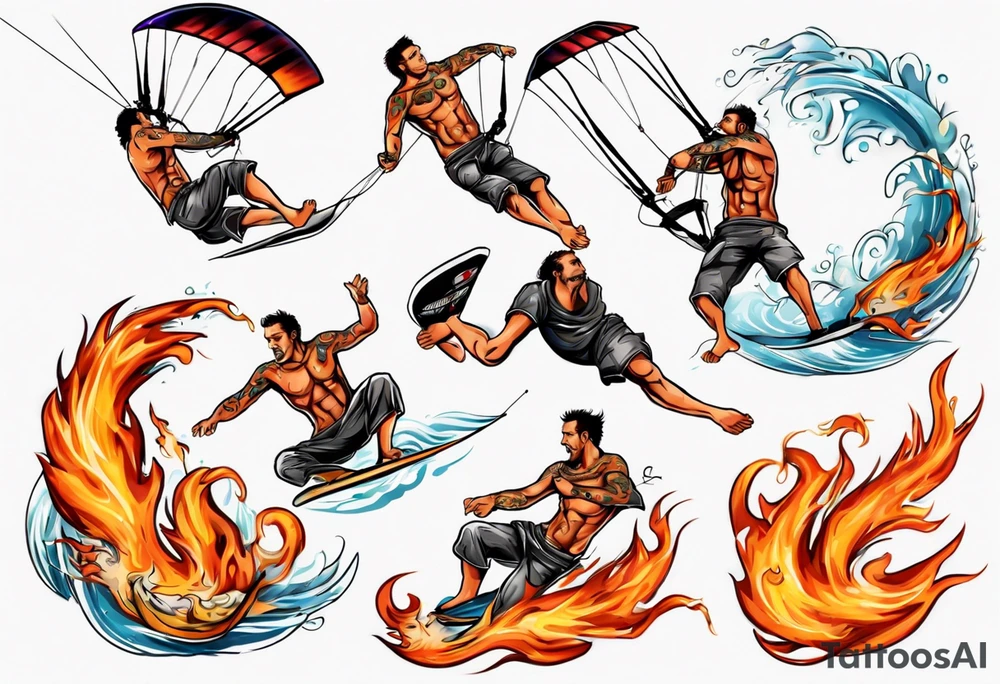 Man doing Kitesurfing tricks in fire tattoo idea