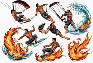 Man doing Kitesurfing tricks in fire tattoo idea
