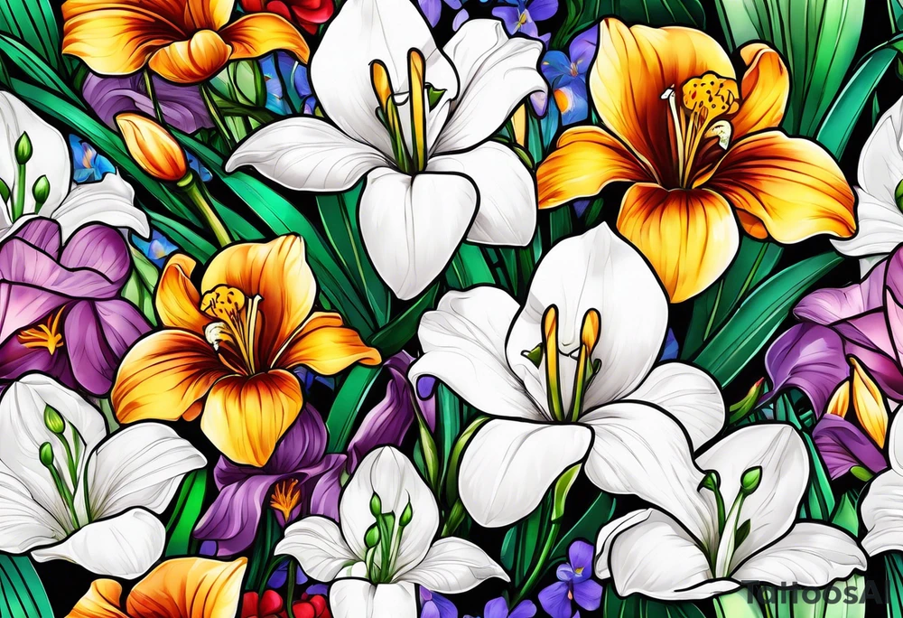 i want a bouquet of flowers that include a snowdrop, iris, cherry blossom, daisy and morning glory tattoo idea
