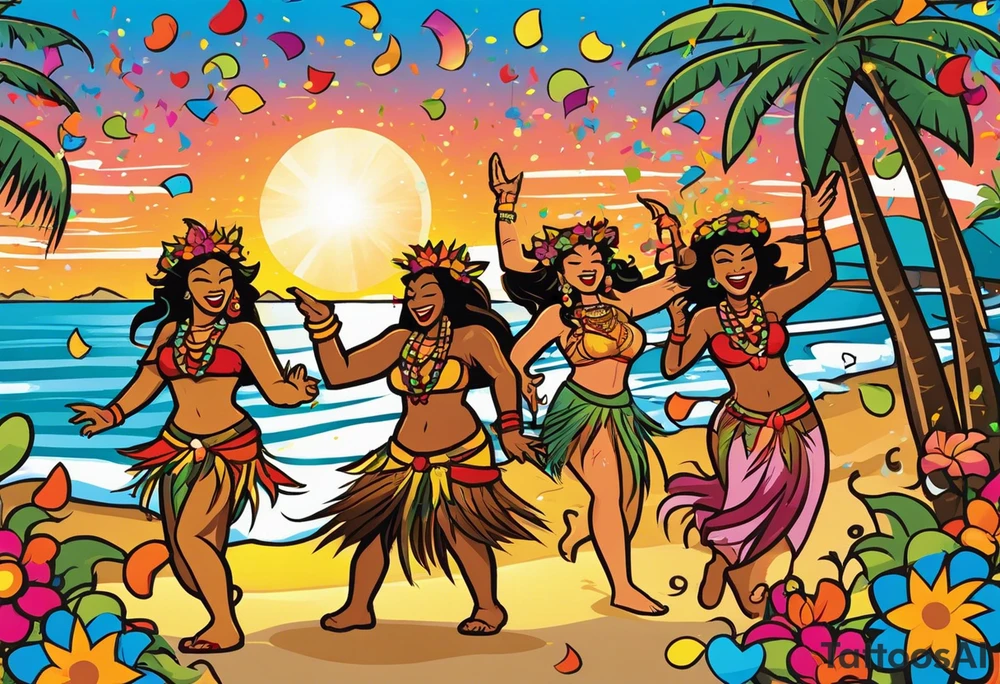 dancing tiki gods and hula girls on the left and right side of a beach party scene with confetti and music notes with a setting sun in the center of the image. the sun is the focal point with the characters only at the sides tattoo idea