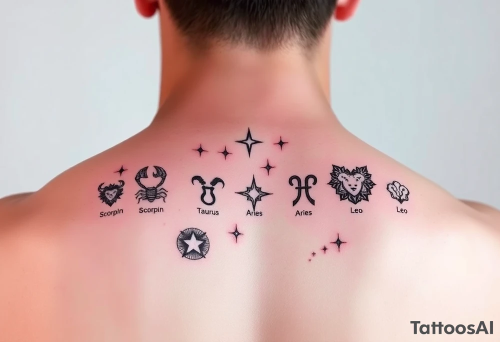 Back piece artistic water color constellations for family members: Scorpio (x2) Taurus, Aries (x2), leo. Star only. Combined into one night sky tattoo idea