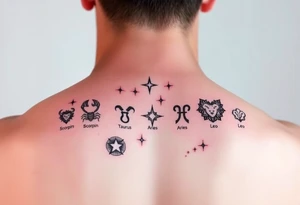 Back piece artistic water color constellations for family members: Scorpio (x2) Taurus, Aries (x2), leo. Star only. Combined into one night sky tattoo idea