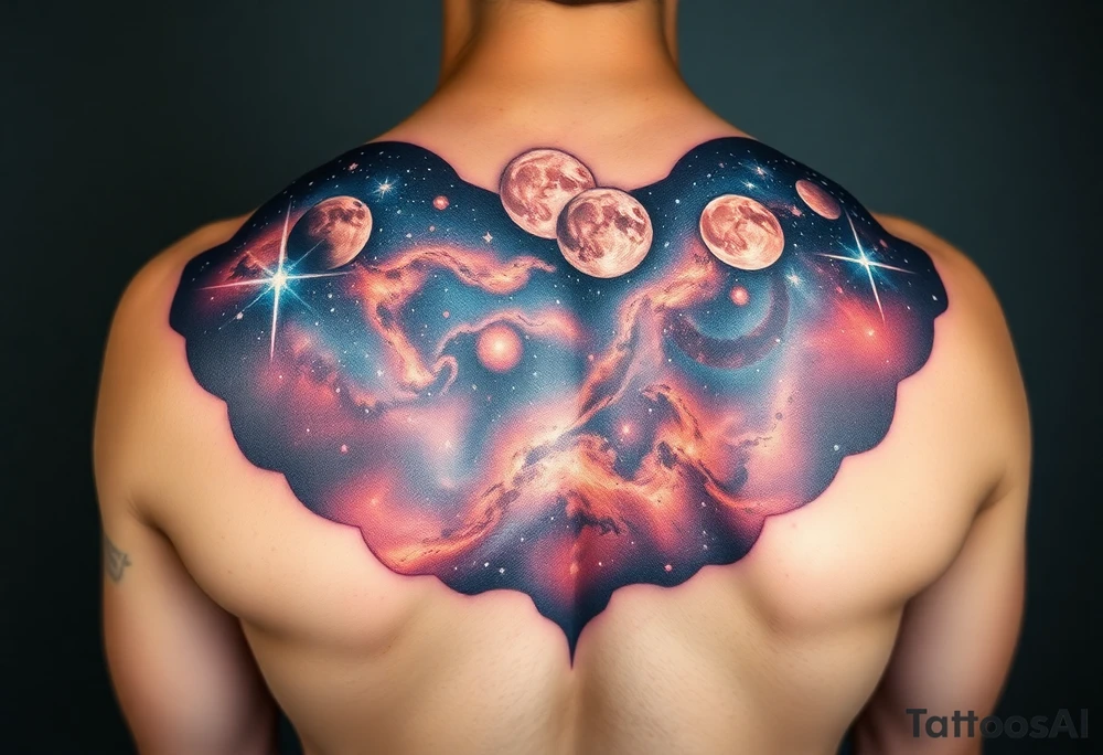 Beautiful and epic 3d milky way that appears to be what is beneath the skin. Make it drape over the shoulder and move to the middle back. use negative spaces to create planets and stars.Keep it symmetrical tattoo idea