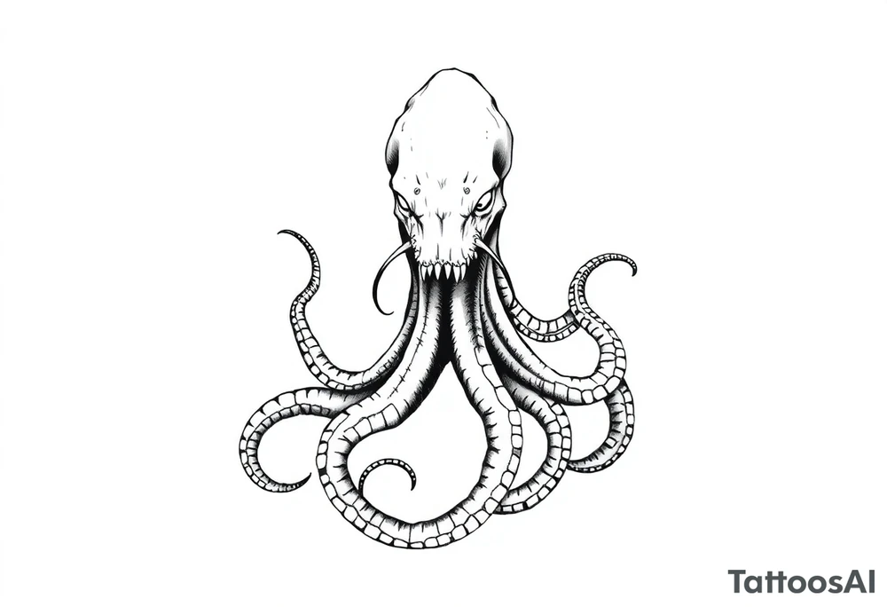 A minimalist blackwork tattoo design of an evil kraken The kraken is viewed from a 45-degree angle facing left, with its head centered. tattoo idea