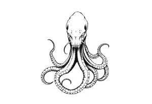 A minimalist blackwork tattoo design of an evil kraken The kraken is viewed from a 45-degree angle facing left, with its head centered. tattoo idea