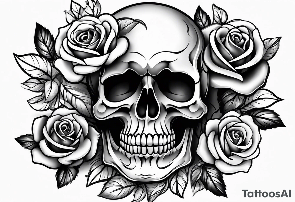 black upper arm sleeve skull rose tattoo idea