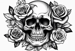 black upper arm sleeve skull rose tattoo idea