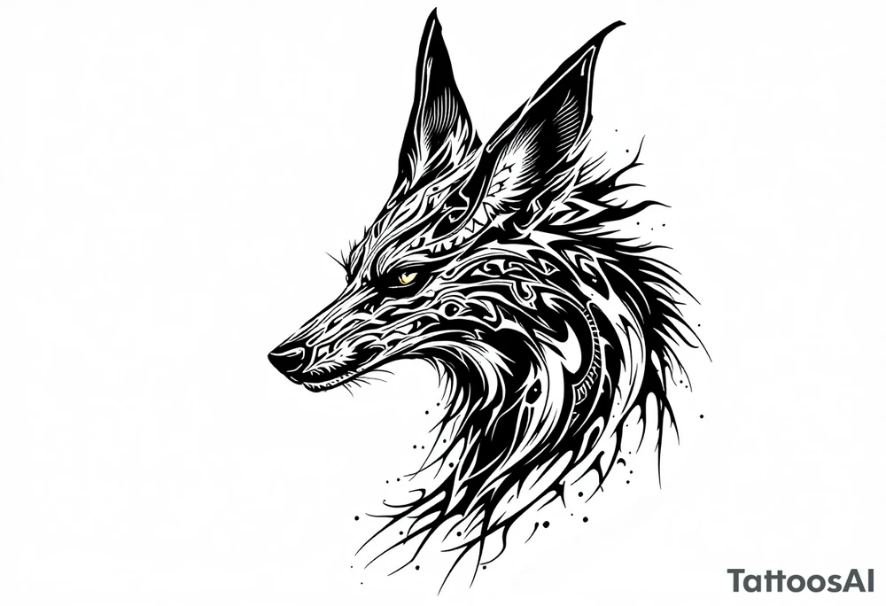 a creature that looks strongly like a combination of Anubis, and a black hound, with the tall pointy ears of a jackal, looking back, serious and daring tattoo idea