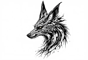 a creature that looks strongly like a combination of Anubis, and a black hound, with the tall pointy ears of a jackal, looking back, serious and daring tattoo idea