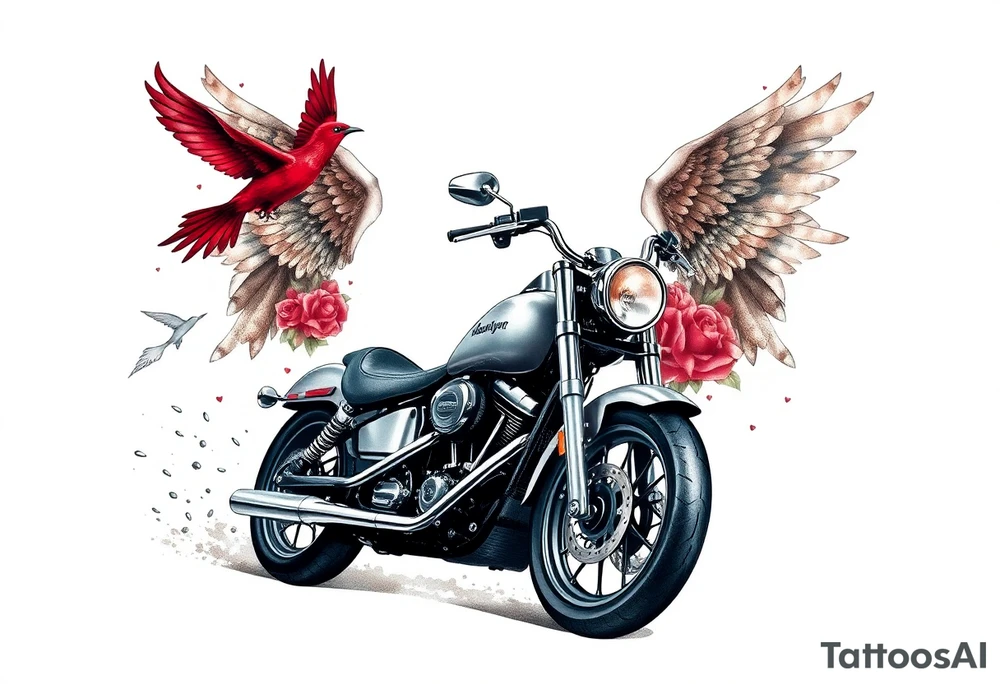 Harley grey motorcycle driving away, two red birds flying, roses, flames, angel wings tattoo idea