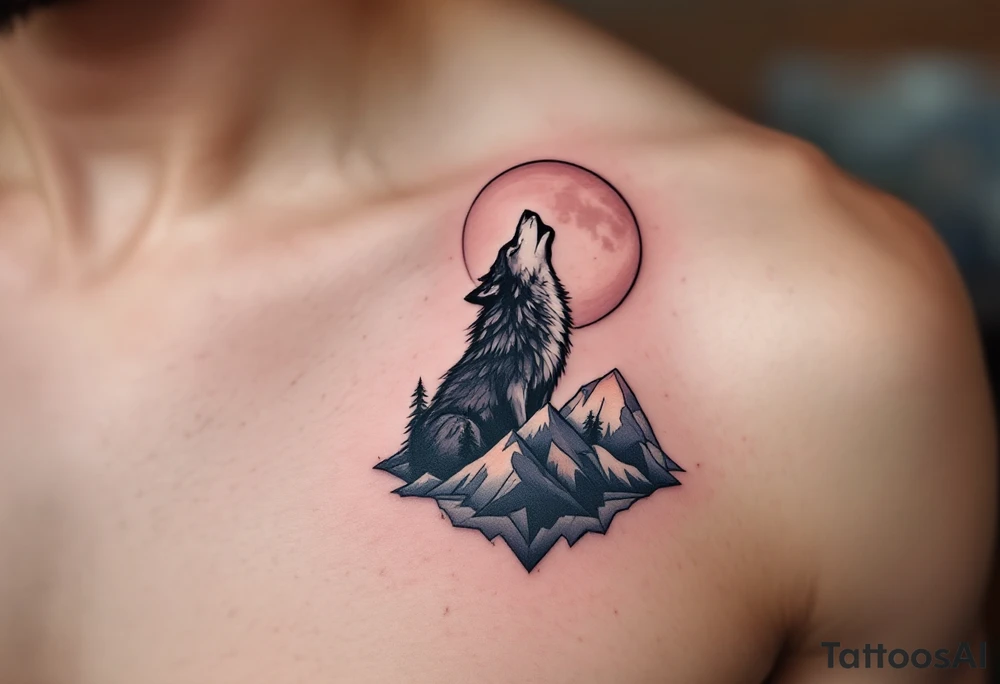 wolf on mountain howling at moon tattoo idea