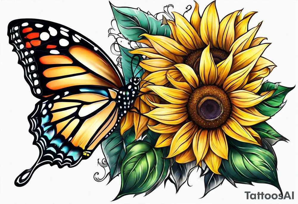 Sunflower and butterfly leg sleeve tattoo idea