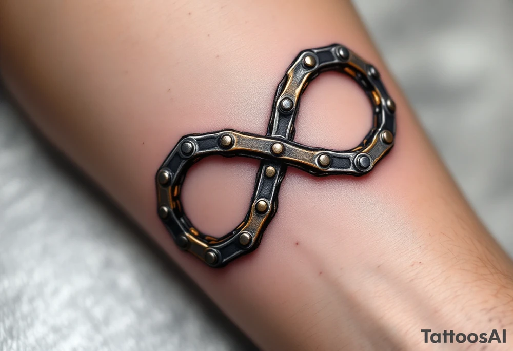 A bicycle chain forming the infinity symbol, in metallic silver and gold, symbolizing endless cycles and eternal connections. tattoo idea