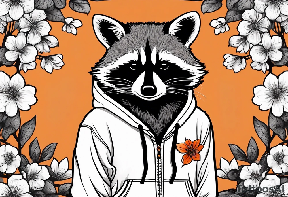 raccoon wearing a black and white Superman hoodie and orange Japanese cherry blossoms tattoo idea