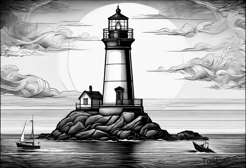 maritime lighthouse in a front view sailboat serving as a mast for a sail. tattoo idea