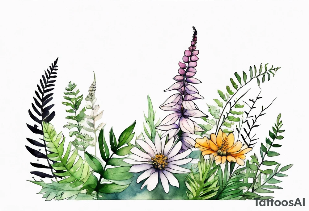 vertical mixed wildflower with ferns and with watercolor tattoo idea