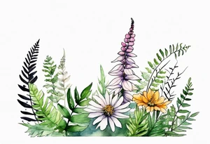 vertical mixed wildflower with ferns and with watercolor tattoo idea