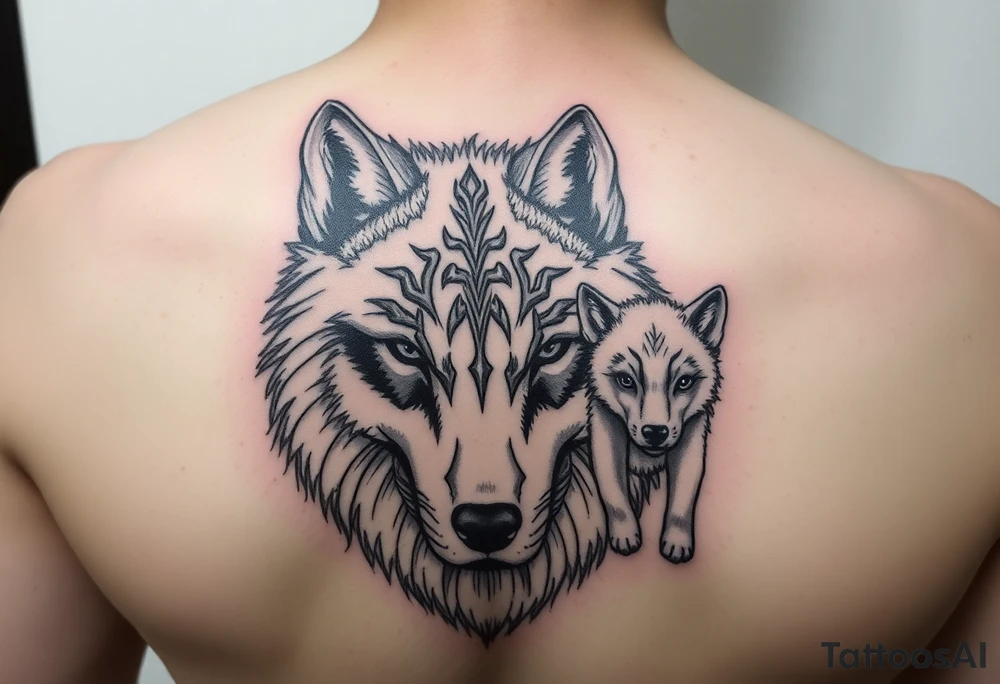 A solitary yet sublime and noble wolf and its progeny. the face tattoo idea