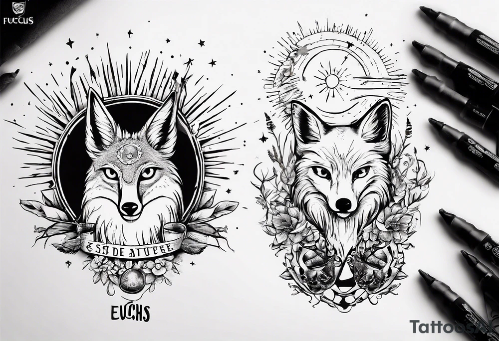 Fuchs und Eule unter der Sonne mit dem Schriftzug Sapere Aude tattoo idea