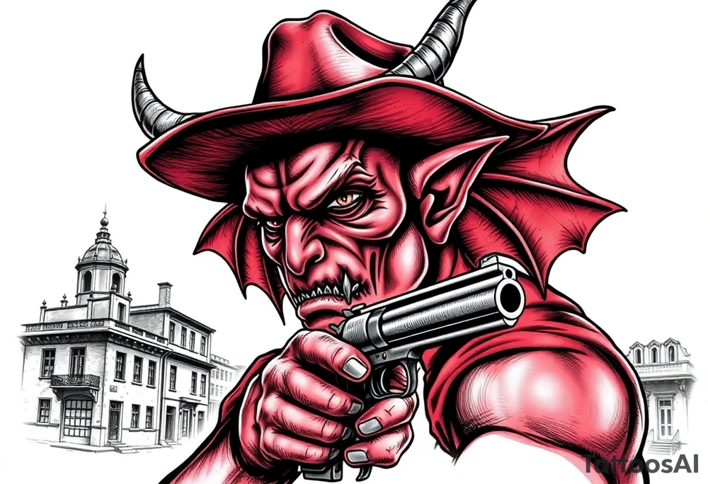 a demon with cowboy-hat ,a gun in a hand, old buildings in the background. tattoo idea