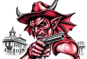 a demon with cowboy-hat ,a gun in a hand, old buildings in the background. tattoo idea