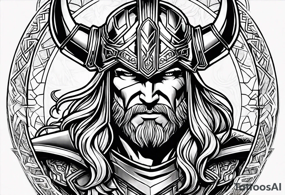 The Mighty Thor from MCU with a vignette in the background tattoo idea