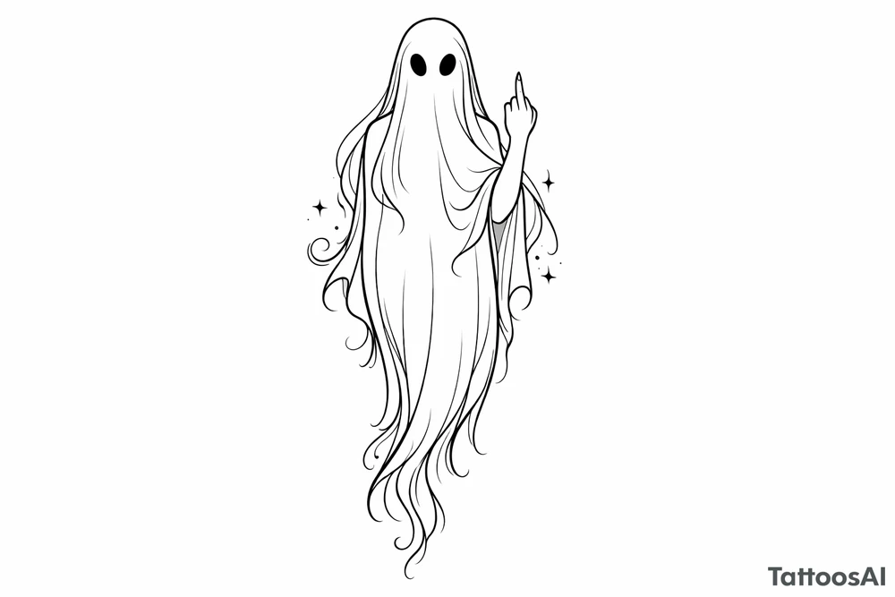 Tall girly ghost line work with middle finger up tattoo idea