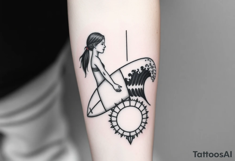 New school geometrical concept tattoo with the girl holding surfboard in a vertical position her face is turned 60 degrees to out side, the bottom part of a body is showed, on the right side of a tattoo is the realistic wave closed in a frame. And the bottom of a taro is a palenesiab sun. Link the objects based on new school geometry tattoos. tattoo idea