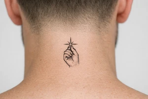 Single needle hand silhouette holding a sharp-lined starburst, geometric. tattoo idea