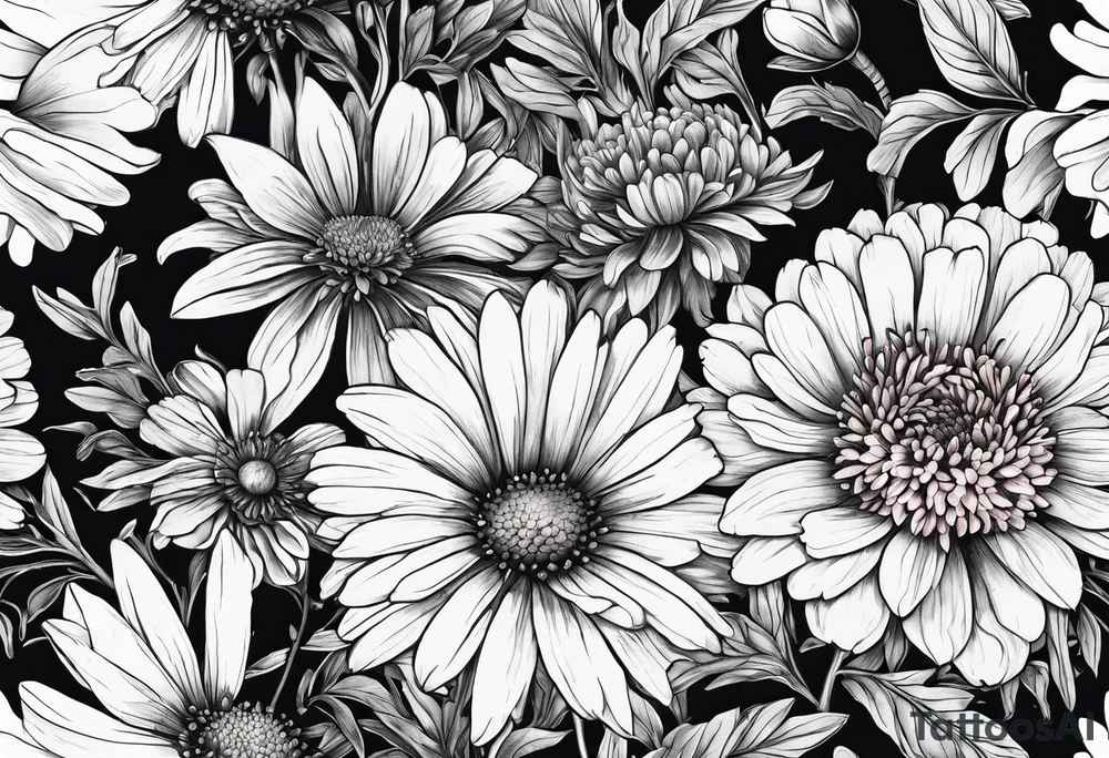 half sleeve botanical illustration of full plant aster, daisy, and carnations tattoo idea