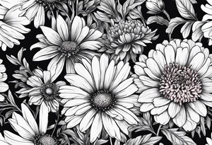 half sleeve botanical illustration of full plant  aster, daisy, and carnations tattoo idea