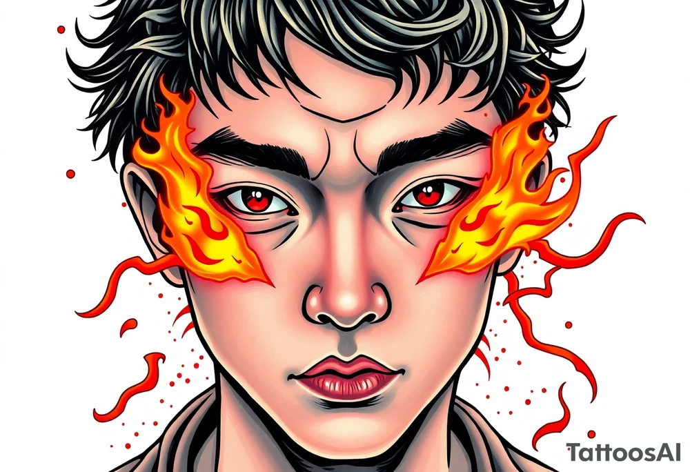 Handsome Asian young guy with burning eyes tattoo idea