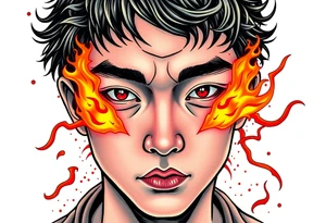 Handsome Asian young guy with burning eyes tattoo idea