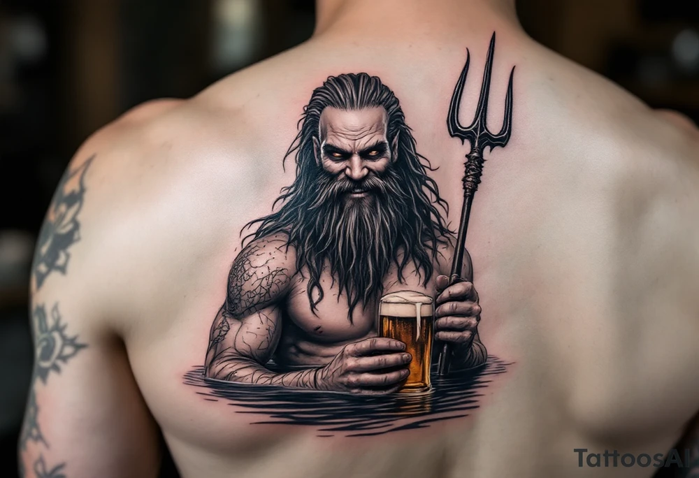 smiling poseidon, with a trident, in calm water, holding a beer tattoo idea