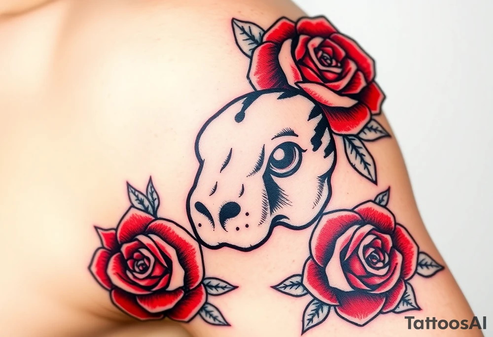A mole with pointy nosel with bold black outlines, and red roses surrounding it for a classic old-school aesthetic tattoo idea