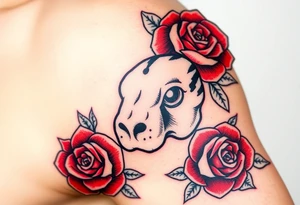 A mole with pointy nosel with bold black outlines, and red roses surrounding it for a classic old-school aesthetic tattoo idea