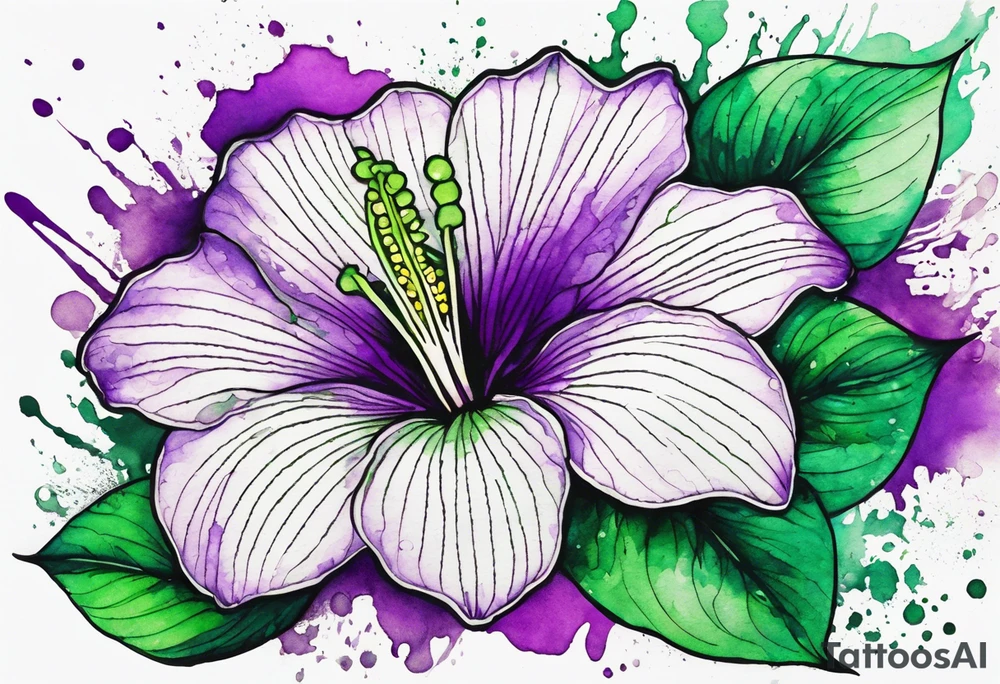 A mystical outline of a green and purple rio dipladenia flower and a green and purple watercolor splash in the background tattoo idea