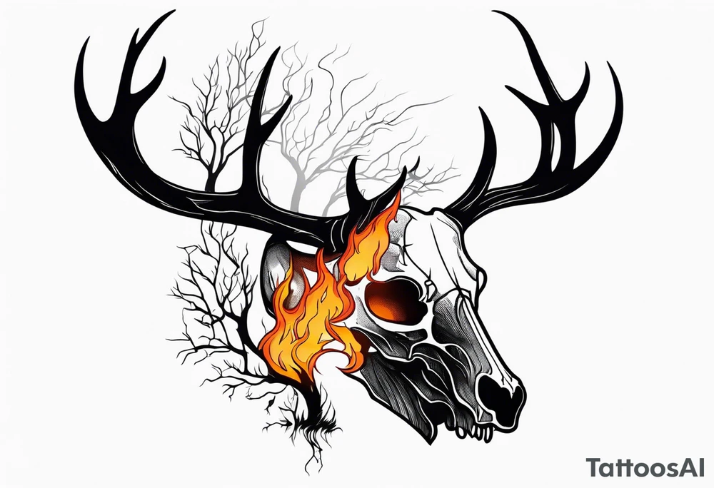 Halloween side profile of a DECAYING deer skull JUST BONE surrounded by a flames and trees in background tattoo idea