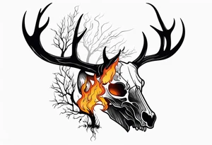 Halloween side profile of a DECAYING deer skull JUST BONE surrounded by a flames and trees in background tattoo idea