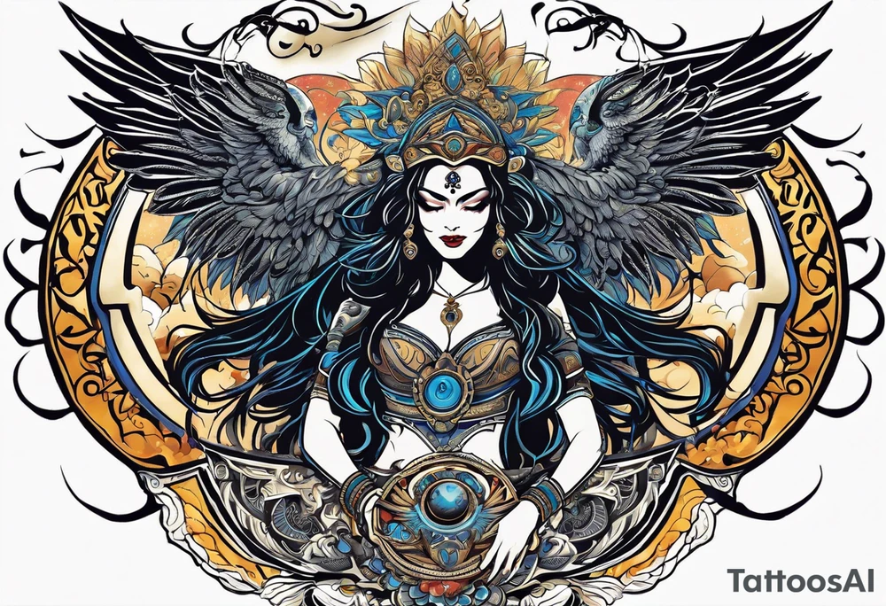black kali, goddess pirate, alien, angel, pachamama, valkrye, warrior, flying, skull, lotus azul, wing, eagle, zenza resonance, stars, 5D, anahata chakra, death, durga, riding on a tiger, flying lady tattoo idea